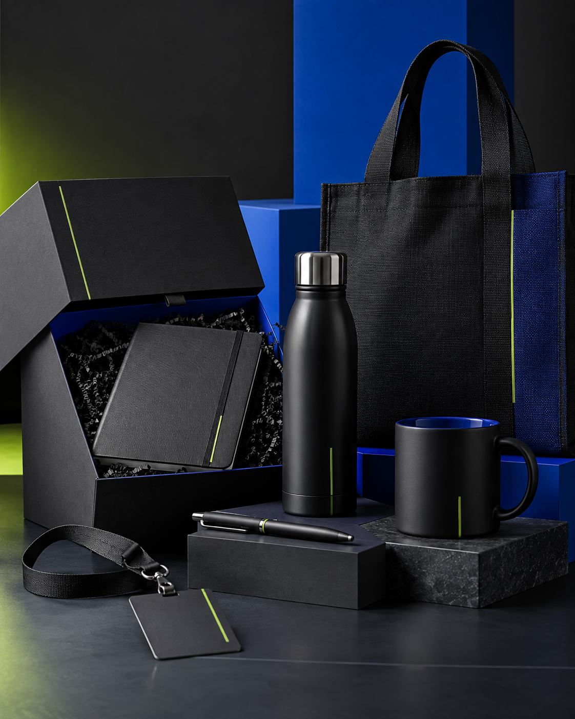 Premium corporate gift collection featuring a tote bag, gift box, bottle, notebook, mug and lanyard